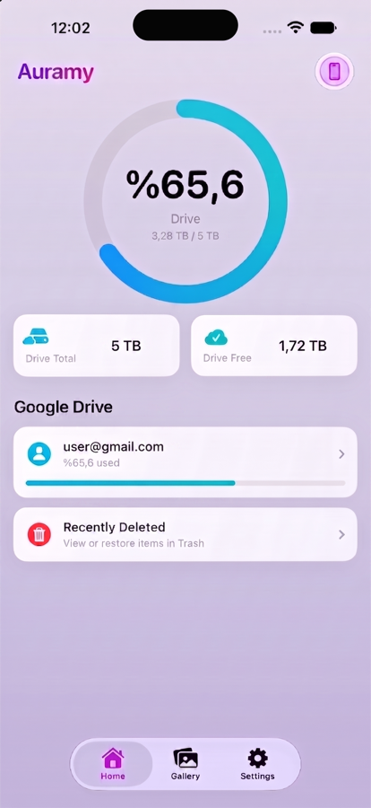 Auramy Drive screen showing Google Drive usage, free space and a connected account