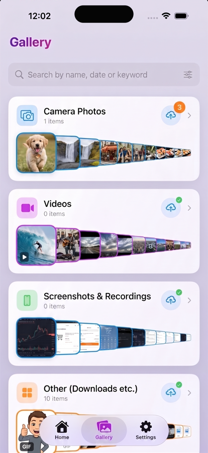 Auramy gallery screen with search and category rows for camera photos, videos, screenshots and recordings