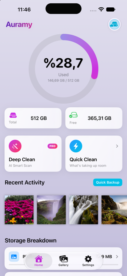 Auramy home screen showing a storage ring at 28.8% used, device totals, and Deep Clean and Quick Clean buttons